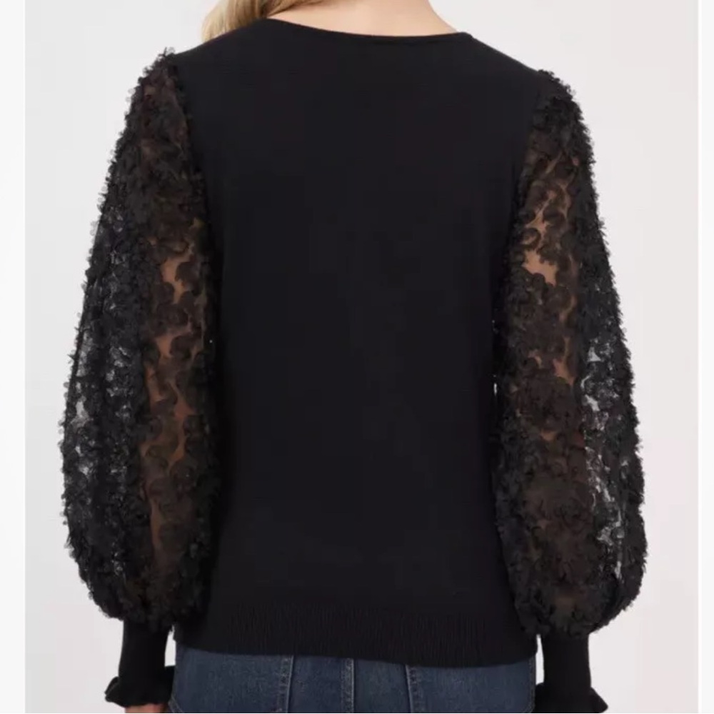 Cece Floral-Sleeve Mixed-Media Blouse Top In Black Size XS - Picture 2 of 6